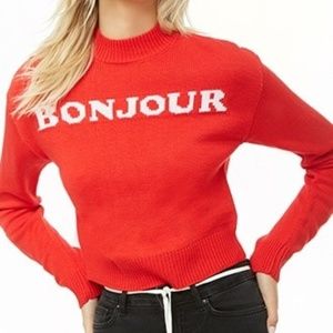 Red 'Bonjour' Cropped Sweater - NEW without Tags